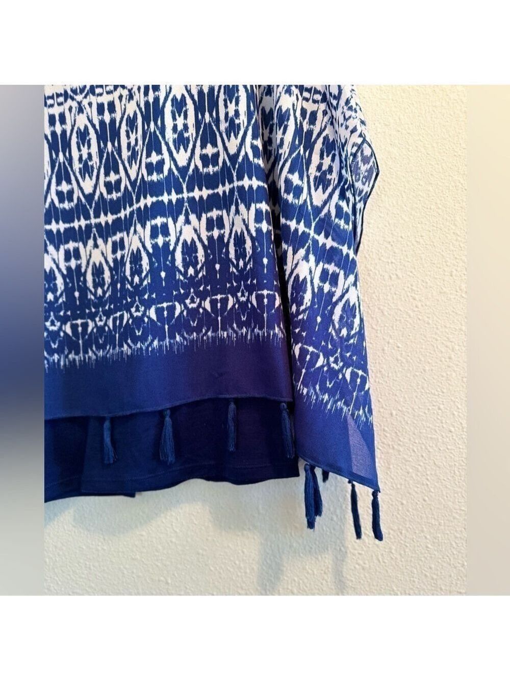 Ruby Rd. Boho Abstract Tunic Blouse Blue & White Kimono Sleeves, PETITE Medium - Picture 10 of 15